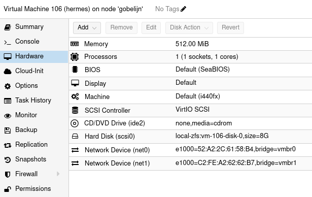 VM hardware settings